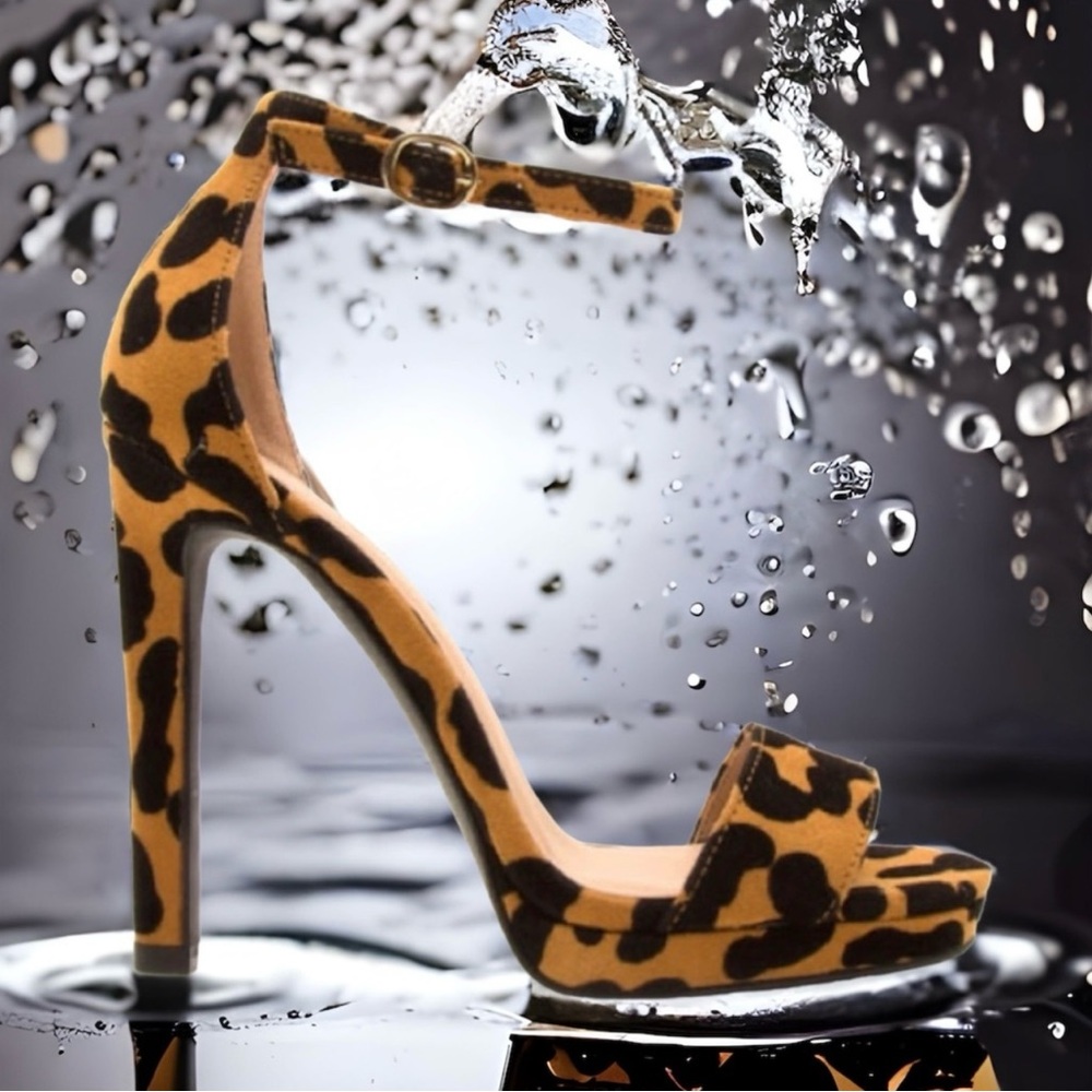 Qupid CHICAGO-01X Camel Black Leopard Suede One Band Ankle Strap Heeled Sandal